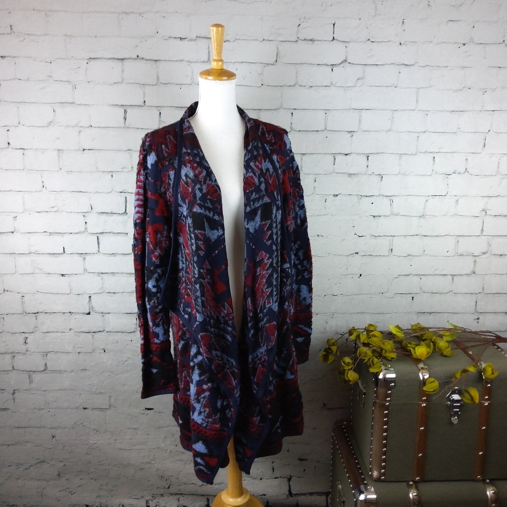 Lucky Brand Waterfall Collar Aztec Cardigan Navy L
